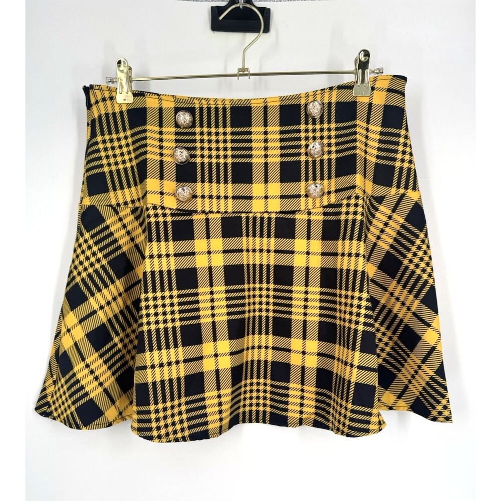 Plaid Yellow and Black Mini Skirt Sz M Satin A-Line High Waisted Preppy Clueless